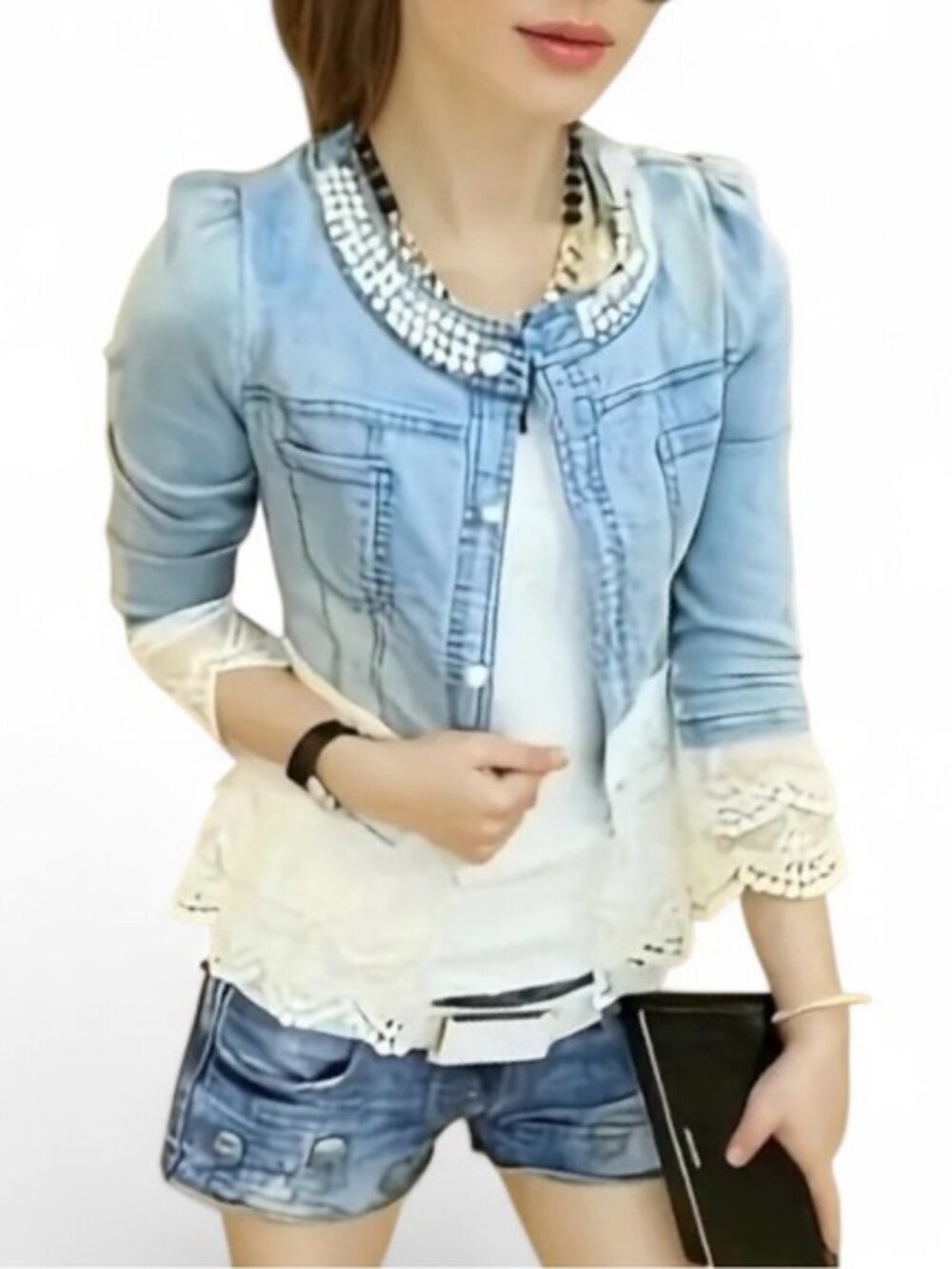 WTY Blue Jean Jacket with Faux Pearls and Lace/Crochet Cuffs & Hem - EUC - Picture 12 of 12